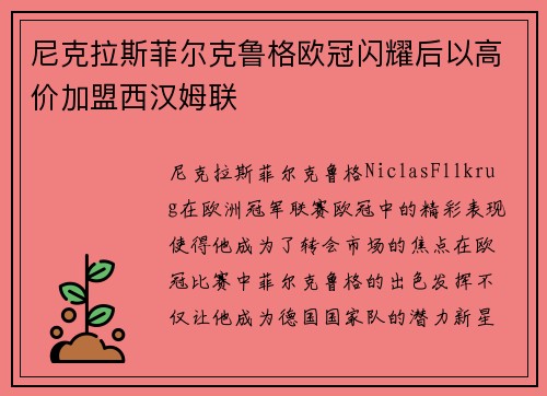 尼克拉斯菲尔克鲁格欧冠闪耀后以高价加盟西汉姆联