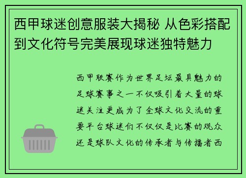 西甲球迷创意服装大揭秘 从色彩搭配到文化符号完美展现球迷独特魅力