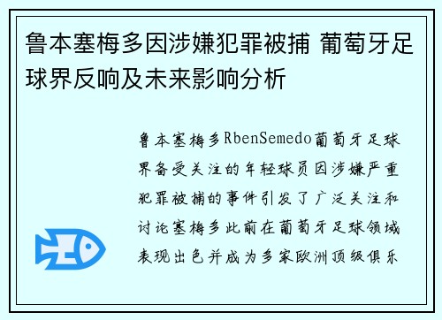 鲁本塞梅多因涉嫌犯罪被捕 葡萄牙足球界反响及未来影响分析