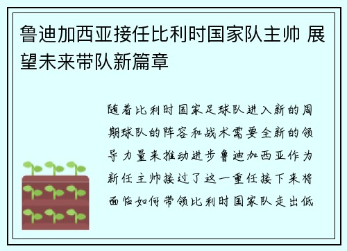 鲁迪加西亚接任比利时国家队主帅 展望未来带队新篇章 鲁迪加西亚接任比利时国家队主帅 展望未来带队新篇章